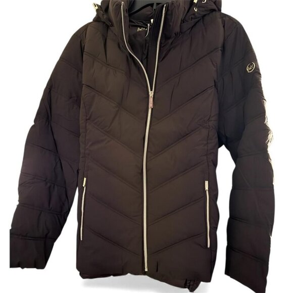 Michael Kors Womens Brown Quilted Puffer Zip Up Hooded Chevron Jacket Sz M New - Picture 4 of 15